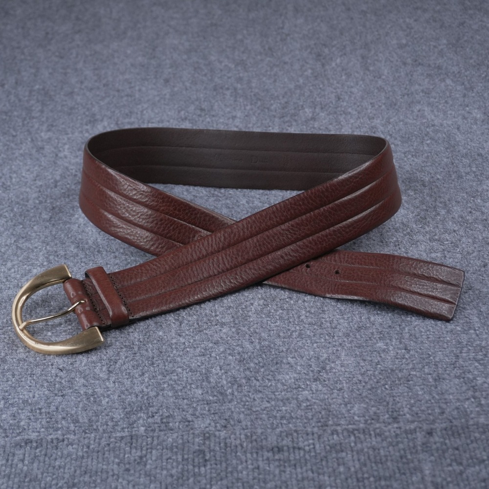 Massimo Dutti Leather Belt Womens 85 Brown Wide Ribbed Gold Buckle Spain